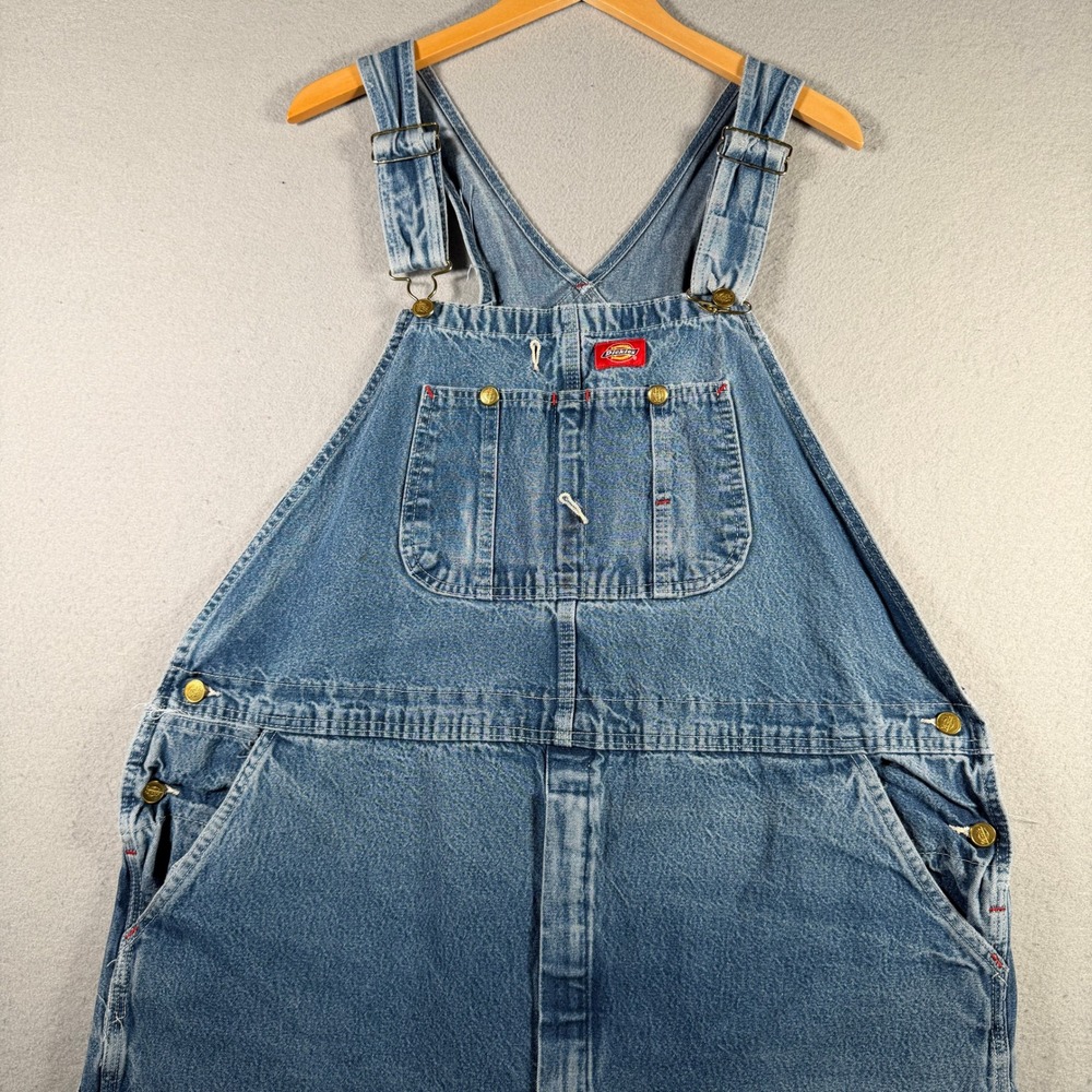 Dickies Mens Blue Denim Bib Overalls Straight Leg Workwear 44x32 Medium Wash
